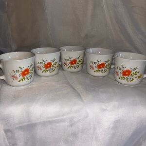Corningware Floral White and Orange Mugs Set of 5